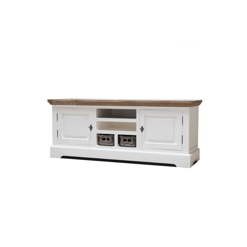 white tv cabinet with rattan basket