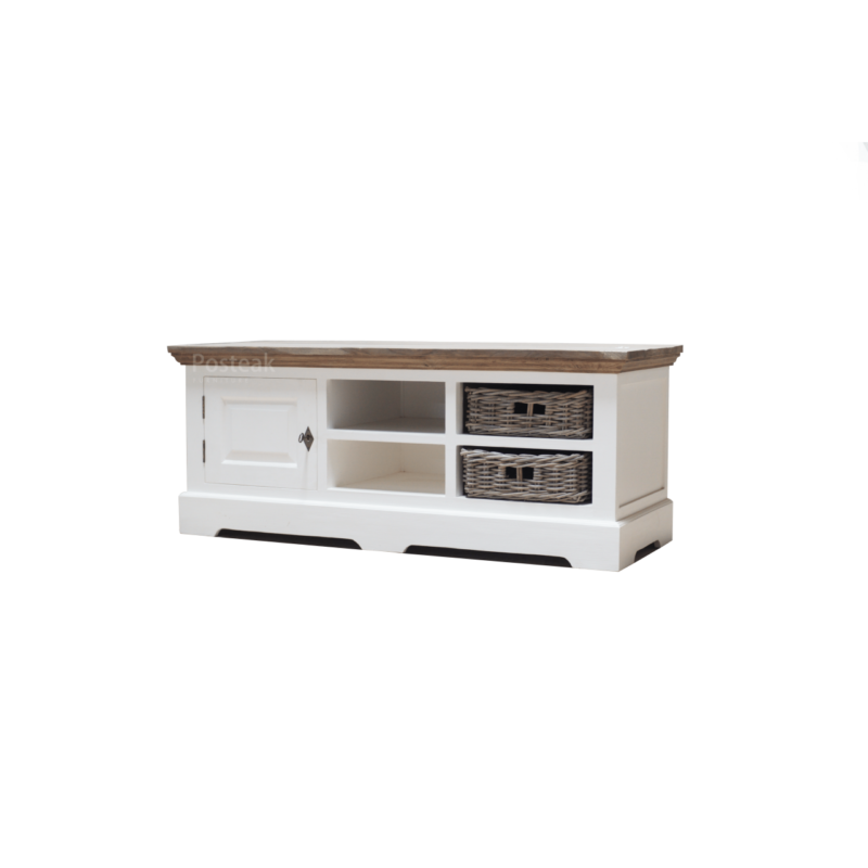 white tv cabinet with rattan basket