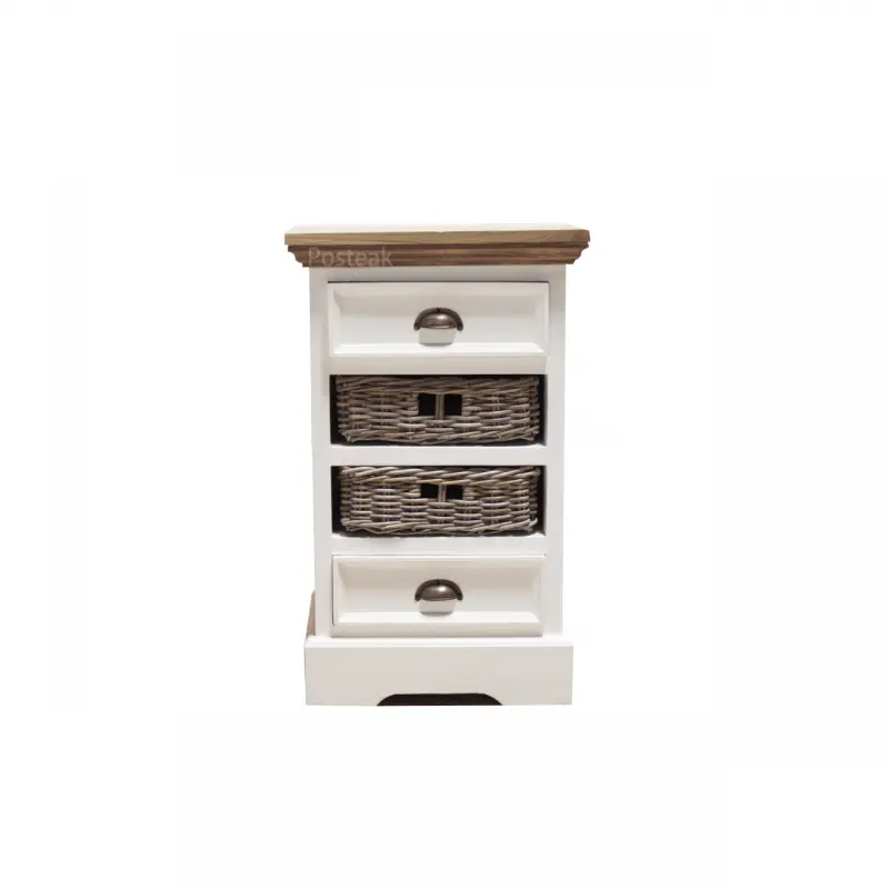 white teak small chest with rattan basket