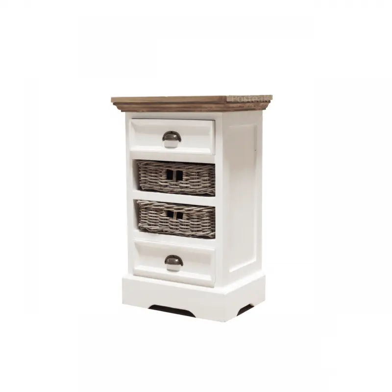 white teak small chest with rattan basket