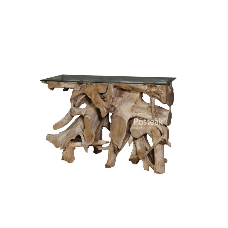 Teak Root Console Table - Glass Top